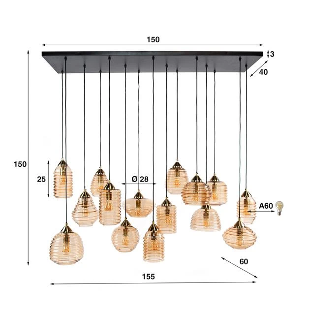 Lucy 15-lichts Hanglamp Rib glas Amber - Afbeelding 5