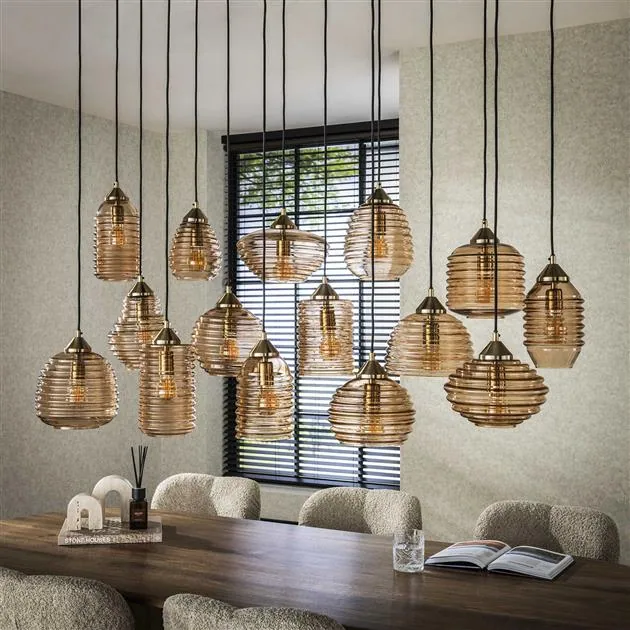 Lucy 15-lichts Hanglamp Rib glas Amber - Afbeelding 2